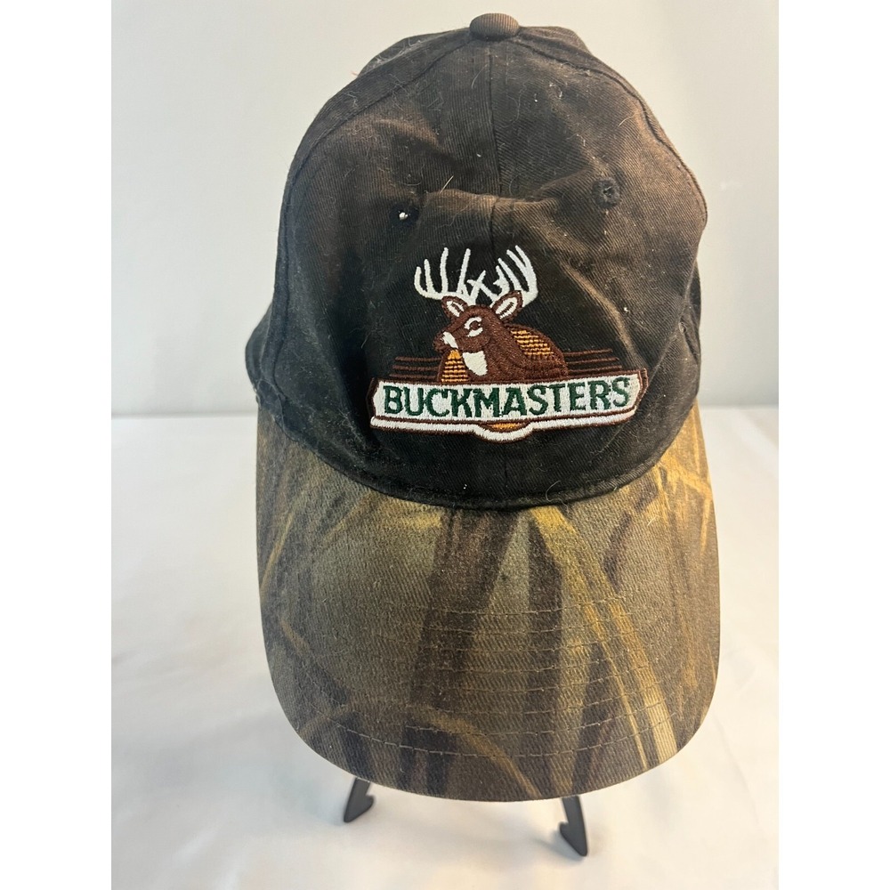 BUCKMASTERS Adjustable Strap Back Hat‎ Cap Black w/ Camo Brim Deer Buck Hunting